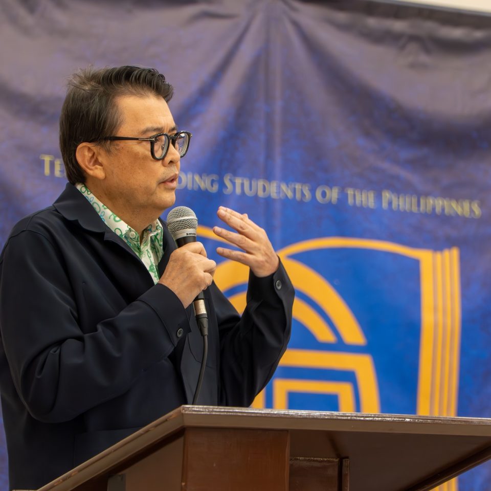 Go Negosyo Founder Joey Concepcion delivers the opening speech at the 58th Ten Outstanding Students of the Philippines Honoring Ceremony on April 27, 2025, at JoeCon Hall.